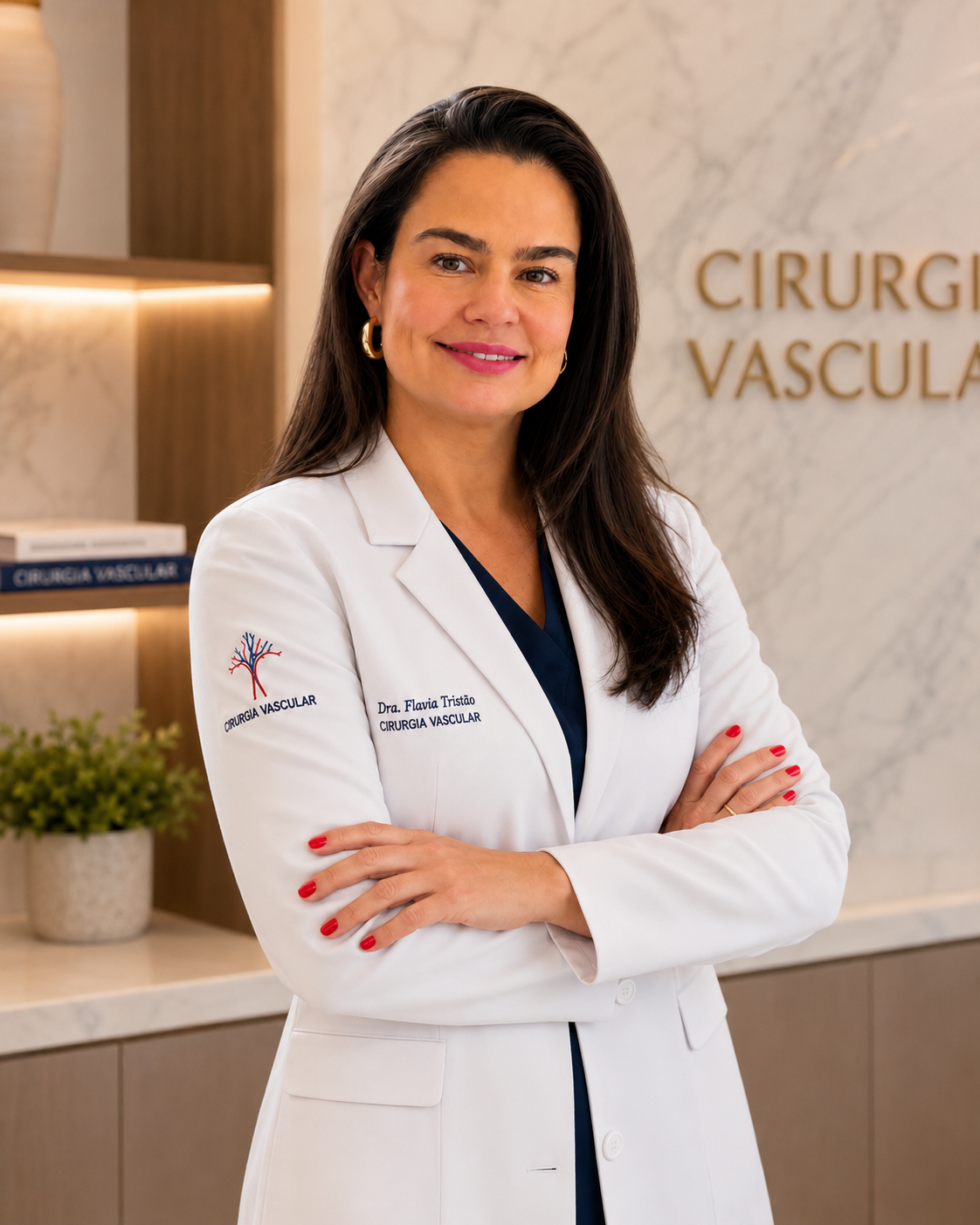 Retrato profissional da Dra. Flávia Ramos Tristão em seu consultório de cirurgia vascular.