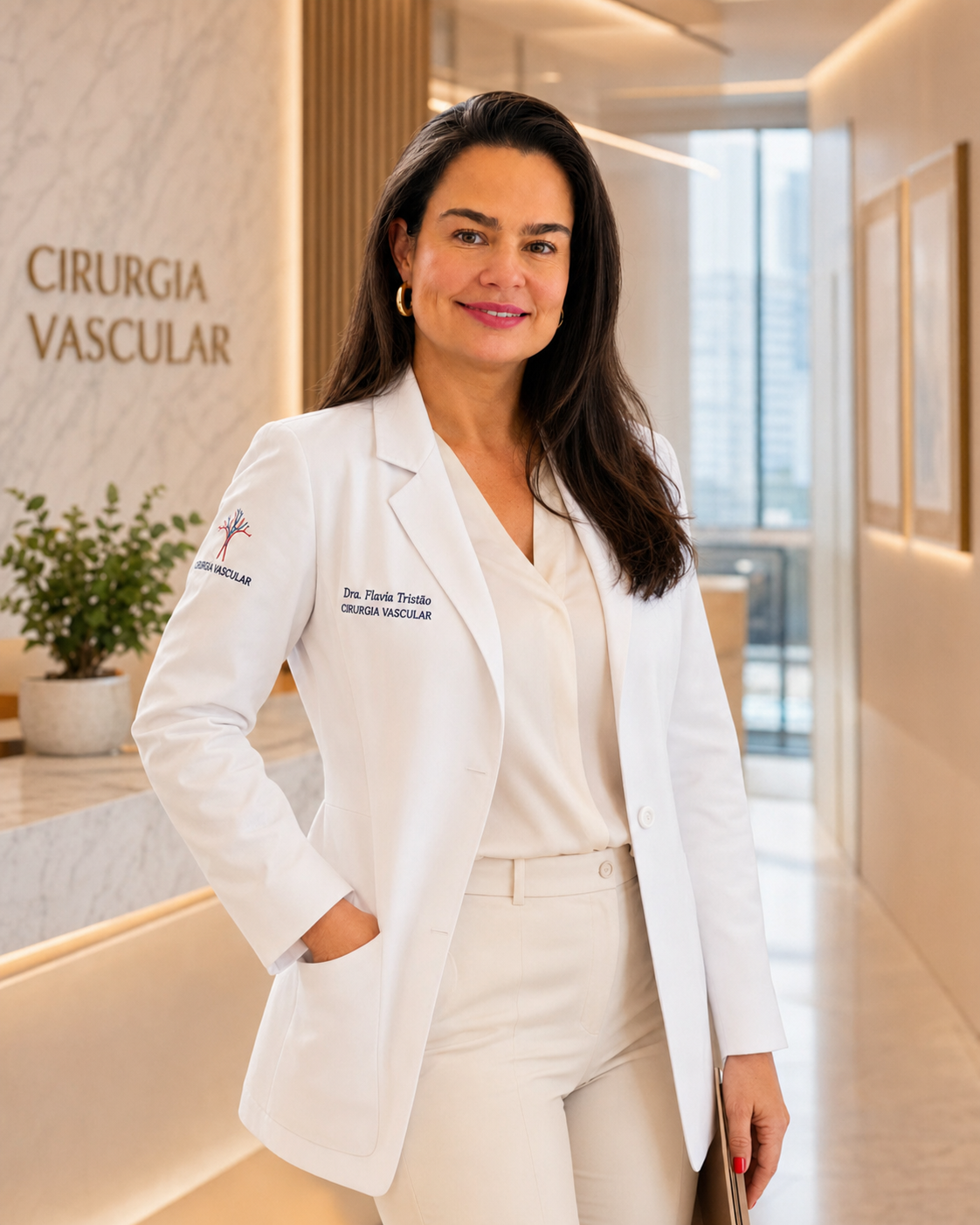 Dra. Flávia Ramos Tristão em pé no corredor de seu consultório de cirurgia vascular em Curitiba.